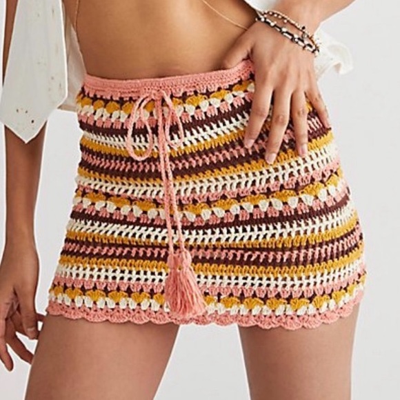 Flook x Free People Lana Lg Pink Striped Crochet Handmade Knit Boho Mini Skirt - Picture 3 of 3